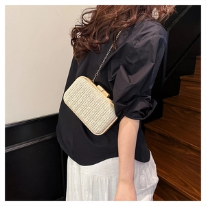 Detail of beige straw handbag featuring a wooden frame, twist lock and fine metal chain