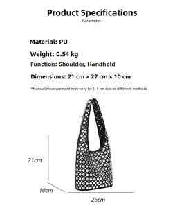 Detail view of black PU bucket bag with silver dome rivets and size specifications