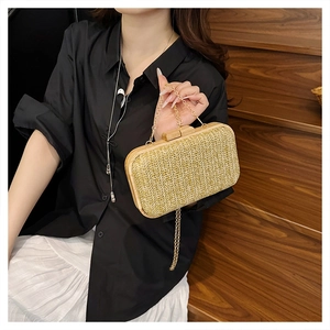 Detail of straw woven handbag featuring a wooden clasp and delicate gold chain strap