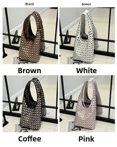 Detail view of rivet-studded hobo bags in brown, white, dark coffee, and pink colors