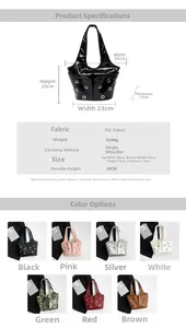 Size chart showing trendy rivet underarm bag dimensions and seven available colors