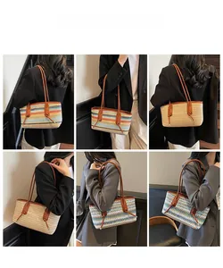 Collage of Bohemian straw tote bags showing strap details and versatile carrying styles