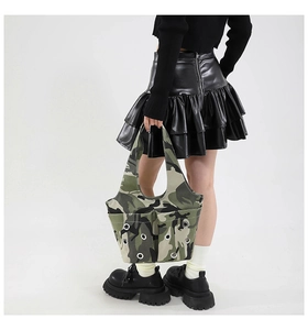 Detail of camouflage tote bag showing metal eyelet rivets and front slip pockets
