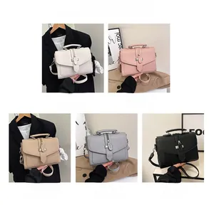 Collage of leather lychee textured crossbody bags in white, pink, khaki, grey, and black