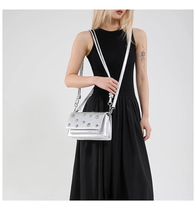 Fashionable silver metallic crossbody bag featuring stylish metal eyelet stud details