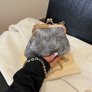 Retro women's floral jacquard kiss-lock evening bag with gold chain strap in silver grey