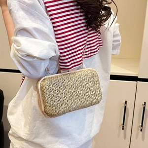 Minimalist straw woven handbag with wooden frame and metal chain shown on model