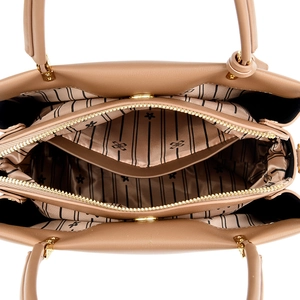 Interior view of light brown tote bag showing striped lining and zipper compartment
