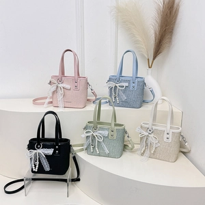 Women Woven Handbag Crossbody Bag Lace Bow Artificial Pearl Pendant Sweet Summer Shoulder Bag PU Leather Detachable Strap Fashion