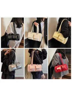 Detailed grid of faux leather shoulder bags in black, white, yellow, silver, pink, and red