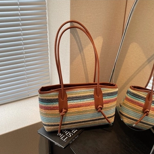 Colorful woven striped square tote bag with brown leather knotted shoulder straps
