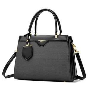 Classic black leather and grey fabric handbag with gold hardware and top handles