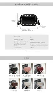 Gedetailleerde maattabel en kleuropties voor de vintage PU crossbodytas met studs