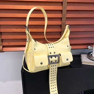 Bright yellow Y2K shoulder bag with silver rivets and double front flap pockets