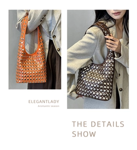 Close-up of orange and brown bucket bags featuring dense metallic stud decorations