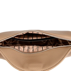 Detail of hobo bag interior with striped star lining and silver zipper closure