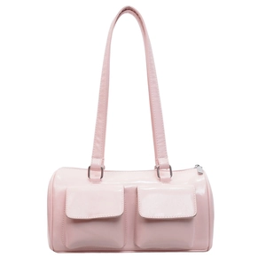 Pink faux leather cylinder underarm bag with double front pockets and silver hardware