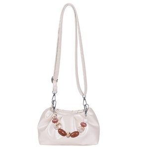 Chic cream pleated cloud handbag with colorful marble beaded handle and crossbody strap