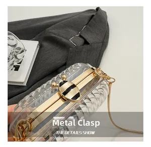 Detail of bee-shaped gold clasp on transparent acrylic mini clutch with chain