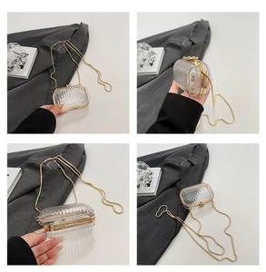 Macro details of mini acrylic box bag featuring gold metal trim and snake chain strap