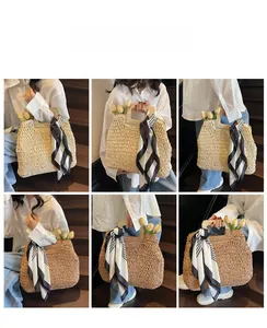 Collage of woven straw tote bag styling with wooden handles and decorative silk scarf
