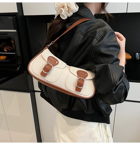 Detail der Canvas-Baguette-Tasche mit braunem Lederbesatz und silbernen Schnallentaschen