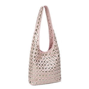 Pink hobo handbag with silver metal rivets and integrated shoulder strap on white background