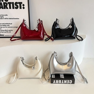 Shiny Patent PU Leather Hobo Crossbody Bag For Women With Metal Ball Pendant Minimalist Shoulder Handbag