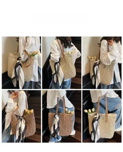Collage of model showcasing various angles of a woven tote bag with decorative scarf