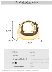 Detailed size specifications and material info for gold crescent acrylic chain bag