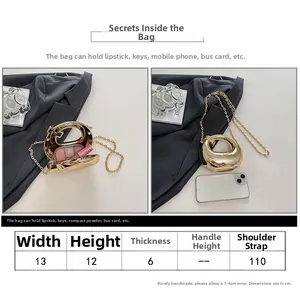 Detailed size chart for gold crescent acrylic evening bag with 110cm chain strap