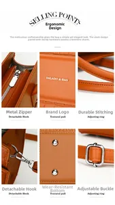Detailed close-up of brown faux leather texture, logo embossing, and metal hardware on bag