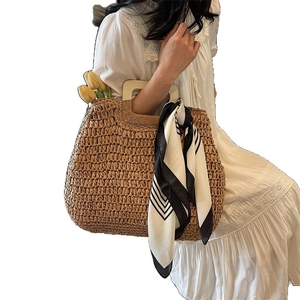 Large capacity straw woven tote bag with square wooden handles and decorative silk scarf
