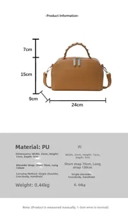Size chart showing brown PU leather handbag dimensions 24x15x9cm with crossbody strap info
