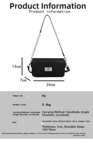 Detailed size chart of black textured PU leather crossbody bag with silver chain strap