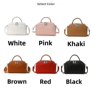 Showcase of six stylish leather crossbody bags in white, pink, khaki, brown, red, and black
