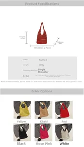 Detailed size and color chart for knit shoulder bag showing six vibrant color options
