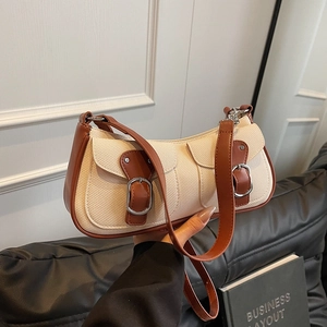 Baguette-Tasche aus beigem Canvas und braunem Leder mit doppelten Schnallentaschen