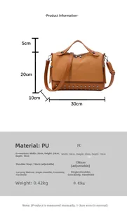 Detailed size guide of brown PU leather handbag with rivets showing 30x20x10cm dimensions