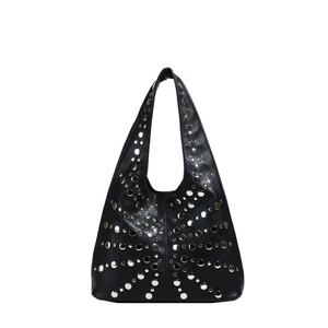 Black leather hobo shoulder bag featuring silver metal rivets and a stylish punk aesthetic