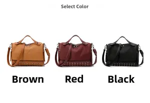 Detailed view of PU leather handbags in brown, burgundy, and black with rivet accents