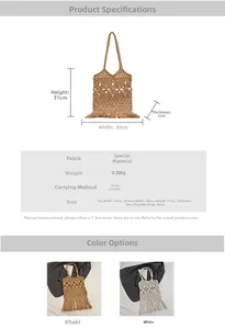 Spécifications de taille pour sac d'épaule en paille évidé avec glands et dimensions