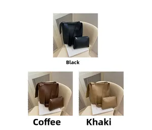 Detailed set of tote and pouch bags in black, coffee, and khaki matte leather finishes
