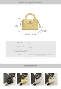 Size chart for quilted PU handbag showing dimensions 20x14x6.5cm and available colors