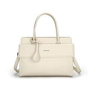 Elegant white crocodile embossed handbag with dual top handles and adjustable shoulder strap
