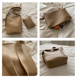Detail view of khaki tote bag set featuring large capacity and matching small zipper pouch
