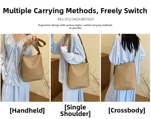 Three-way carry demonstration of khaki leather tote featuring handheld, shoulder, and crossbody styles