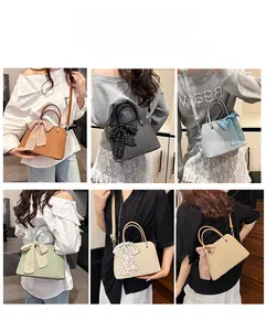 Vue détaillée de sacs bandoulière en six couleurs avec foulards en soie décoratifs à pois