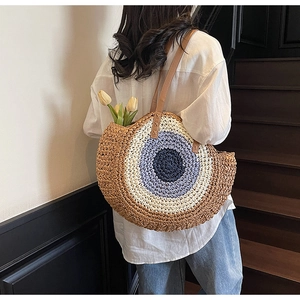 Bohemian large round woven shoulder bag with gradient blue and white straw patterns