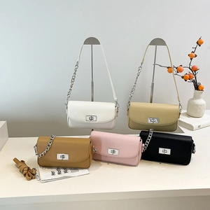 Women Shoulder Crossbody Bag Litchi Grain PU Leather Metal Chain Turn Lock Flap Square Simple Minimalist Versatile